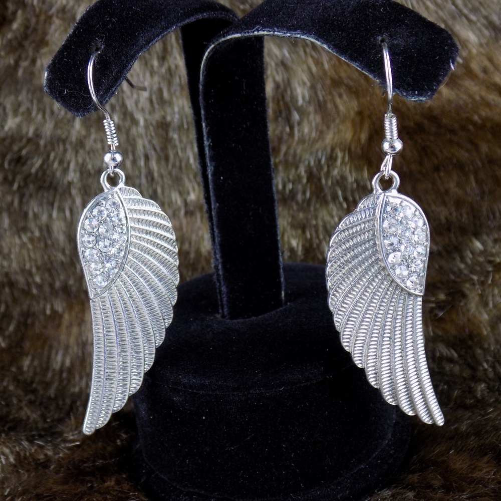 silver tone rhinestone wing earrings